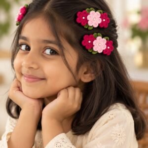 Kids’ Pink & Magenta Floral Crochet Hair Clips – Set of 3